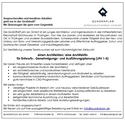 Stellenanzeige Architekt (m/w/d)